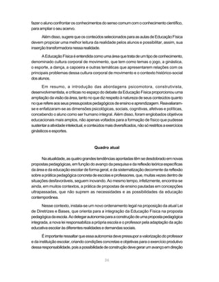 26
fazeroalunoconfrontarosconhecimentosdosensocomumcomoconhecimentocientífico,
paraampliaroseuacervo.
Alémdisso,sugerequeosconteúdosselecionadosparaasaulasdeEducaçãoFísica
devem propiciar uma melhor leitura da realidade pelos alunos e possibilitar, assim, sua
inserçãotransformadoranessarealidade.
AEducaçãoFísicaéentendidacomoumaáreaquetratadeumtipodeconhecimento,
denominado cultura corporal de movimento, que tem como temas o jogo, a ginástica,
o esporte, a dança, a capoeira e outras temáticas que apresentarem relações com os
principais problemas dessa cultura corporal de movimento e o contexto histórico-social
dosalunos.
Em resumo, a introdução das abordagens psicomotora, construtivista,
desenvolvimentista, e críticas no espaço do debate da Educação Física proporcionou uma
ampliaçãodavisãodaárea,tantonoquedizrespeitoànaturezadeseusconteúdosquanto
noquerefereaosseuspressupostospedagógicosdeensinoeaprendizagem.Reavaliaram-
se e enfatizaram-se as dimensões psicológicas, sociais, cognitivas, afetivas e políticas,
concebendo o aluno como ser humano integral. Além disso, foram englobados objetivos
educacionais mais amplos, não apenas voltados para a formação de físico que pudesse
sustentaraatividadeintelectual,econteúdosmaisdiversificados,nãosórestritosaexercícios
ginásticoseesportes.
Quadro atual
Naatualidade,asquatrograndestendênciasapontadastêmsedesdobradoemnovas
propostaspedagógicas,emfunçãodoavançodapesquisaedareflexãoteóricaespecíficas
da área e da educação escolar de forma geral, e da sistematização decorrente da reflexão
sobreapráticapedagógicaconcretadeescolaseprofessores,que,muitasvezesdentrode
situações desfavoráveis, seguem inovando. Ao mesmo tempo, infelizmente, encontra-se
ainda, em muitos contextos, a prática de propostas de ensino pautadas em concepções
ultrapassadas, que não suprem as necessidades e as possibilidades da educação
contemporânea.
Nesse contexto, instala-se um novo ordenamento legal na proposição da atual Lei
de Diretrizes e Bases, que orienta para a integração da Educação Física na proposta
pedagógicadaescola.Aodelegarautonomiaparaaconstruçãodeumapropostapedagógica
integrada, a nova lei responsabiliza a própria escola e o professor pela adaptação da ação
educativaescolaràsdiferentesrealidadesedemandassociais.
Éimportanteressaltarqueessaautonomiadevepressuporavalorizaçãodoprofessor
e da instituição escolar, criando condições concretas e objetivas para o exercício produtivo
dessaresponsabilidade,poisapossibilidadedeconstruçãodevegerarumavançoemdireção
 