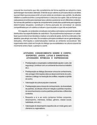 74
corporal de movimento que não considerá-los de forma explícita se reduzirá a mera
aprendizagem tecnicista e alienada. Entende-se por valores os princípios éticos e as idéias
que permitem que se possa emitir um juízo sobre as condutas e seu sentido. As atitudes
refletem a coerência entre o comportamento e o discurso do sujeito. São as formas que
cadapessoaencontraparaexpressarseusvaloreseposicionar-seemdiferentescontextos.
Asnormassãopadrõesouregrasdecomportamentoconstruídossocialmenteparaorganizar
determinadas situações; constituem a forma pactuada de concretizar os valores
compartilhados por um coletivo e indicam o que se pode e o que não se pode fazer.
Em seguida, os conteúdos conceituais (conceitos e princípios) e procedimentais são
distribuídos nas especificidades de cada bloco. Os procedimentos expressam um saber-
fazer que envolve tomar decisões e realizar uma série de ações, de forma ordenada e não
aleatória,paraatingirumameta.Osconceitoseprincípiosconstituem-seemgeneralizações,
deduções, informações e sistematizações relativas ao ambiente sociocultural. São
organizados lado a lado em função do diálogo que se estabelece na cultura corporal de
movimento entre o fazer, o pensar e o sentir.
ATITUDES: CONHECIMENTO SOBRE O CORPO;
ESPORTES, JOGOS, LUTAS E GINÁSTICAS;
ATIVIDADES RÍTMICAS E EXPRESSIVAS
• Predisposiçãoacooperaçãoesolidariedade(ajudarooutro,dar
segurança, contribuir com um ambiente favorável ao trabalho
etc.).
• Predisposição ao diálogo (favorecer a troca de conhecimento,
não sonegar informações úteis ao desenvolvimento do outro,
valorizarodiálogonaresoluçãodeconflitos,respeitaraopinião
do outro).
• Valorização da cultura popular e nacional.
• Predisposição para a busca do conhecimento, da diversidade
de padrões, da atitude crítica em relação a padrões impostos,
do reconhecimento a outros padrões pertinentes a diferentes
contextos.
• Respeito a si e ao outro (próprios limites corporais,
desempenho, interesse, biotipo, gênero, classe social,
habilidade, erro etc.).
• Valorizaçãododesempenhoesportivodeummodogeral,sem
ufanismo ou regionalismo.
 