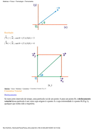 Resolução
| | = | | . cos = ( 5 ) ( 0,6 ) = 3
| | = | | . sen = ( 5 ) ( 0,8 ) = 4
28_5
Matérias > Física > Mecânica > Cinemática > Cinemática Vetorial: 28_1-5
Cinemática Vetorial
Deslocamento
Se num certo intervalo de tempo, uma partícula vai de um ponto A para um ponto B, o deslocamento
vetorial dessa partícula é um vetor cuja origem é o ponto A e cuja extremidade é o ponto B (Fig.1),
qualquer que tenha sido a trajetória.
Matérias > Física > Termologia > Termometria
file:///C|/html_10emtudo/Fisica/Fisica_html_total.htm (160 of 220) [05/10/2001 22:10:32]
 