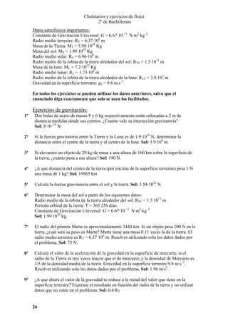 Chuletarios y ejercicios de física
2º de Bachillerato
Datos astrofísicos importantes:
Constante de Gravitación Universal: G = 6.67·10–11 N·m2·kg–2
Radio medio terrestre: RT = 6.37·106 m
Masa de la Tierra: MT = 5.98·1024 Kg
Masa del sol: MS = 1.99·1030 Kg
Radio medio solar: RS = 6.96·108 m
Radio medio de la órbita de la tierra alrededor del sol: RTS = 1.5·1011 m
Masa de la luna: ML = 7.2·1022 Kg
Radio medio lunar: RL = 1.73·106 m
Radio medio de la órbita de la tierra alrededor de la luna: RLT = 3.8·105 m
Gravedad en la superficie terrestre: g0 = 9.8 m·s–2
En todos los ejercicios se pueden utilizar los datos anteriores, salvo que el
enunciado diga exactamente que solo se usen los facilitados.

Ejercicios de gravitación:
1º

Dos bolas de acero de masas 8 y 6 kg respectivamente están colocadas a 2 m de
distancia medidas desde sus centros. ¿Cuanto vale su interacción gravitatoria?
Sol: 8·10–10 N.

2º

Si la fuerza gravitatoria entre la Tierra y la Luna es de 1.9·1020 N, determinar la
distancia entre el centro de la tierra y el centro de la luna. Sol: 3.9·108 m.

3º

Si elevamos un objeto de 20 kg de masa a una altura de 160 km sobre la superficie de
la tierra, ¿cuánto pesa a esa altura? Sol: 190 N.

4º

¿A que distancia del centro de la tierra (por encima de la superficie terrestre) pesa 1 N
una masa de 1 kg? Sol: 19965 km

5º

Calcula la fuerza gravitatoria entre el sol y la tierra. Sol: 3.54·1022 N.

6º

Determinar la masa del sol a partir de los siguientes datos:
Radio medio de la órbita de la tierra alrededor del sol: RST = 1.5·1011 m
Periodo orbital de la tierra: T = 365.256 días.
Constante de Gravitación Universal: G = 6.67·10–11 N·m2·kg–2
Sol: 1.99·1030 kg.

7º

El radio del planeta Marte es aproximadamente 3440 km. Si un objeto pesa 200 N en la
tierra, ¿cuál será su peso en Marte? Marte tiene una masa 0.11 veces la de la tierra. El
radio medio terrestre es RT = 6.37·106 m. Resolver utilizando solo los datos dados por
el problema. Sol: 75 N.

8º

Calcula el valor de la aceleración de la gravedad en la superficie de mercurio, si el
radio de la Tierra es tres veces mayor que el de mercurio, y la densidad de Mercurio es
3/5 de la densidad media de la tierra. Gravedad en la superficie terrestre 9.8 m·s–2.
Resolver utilizando solo los datos dados por el problema. Sol: 1.96 m/s2.

9º

¿A que altura el valor de la gravedad se reduce a la mitad del valor que tiene en la
superficie terrestre? Expresar el resultado en función del radio de la tierra y no utilizar
datos que no estén en el problema. Sol: 0.4·RT

26

 