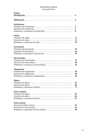 Julián Moreno Mestre
www.juliweb.es

Índice:
Introducción….…………………………………………………………….

4

Bibliografía…………………………………………………………………

4

Oscilaciones
Chuletario de oscilaciones…………………………………………………..
Ejercicios de oscilaciones…………………………………………………...
Problemas y cuestiones de oscilaciones…………………………………….

5
6
8

Ondas
Chuletario de ondas…………………..……………………………………..
Ejercicios de ondas………………………….………………………………
Problemas y cuestiones de ondas………………….………………………..

13
14
18

Gravitación
Chuletario de gravitación……………..…………………………………….
Ejercicios de gravitación…………………….……………………………...
Problemas y cuestiones de gravitación…………….………………………..

25
26
29

Electrostática
Chuletario de electrostática…………..……………………………………..
Ejercicios de electrostática………………….………………………………
Problemas y cuestiones de electrostática………….………………………..

39
40
43

Magnetismo
Chuletario de magnetismo…………..………………………………………
Ejercicios de magnetismo………………….……………………………….
Problemas y cuestiones de magnetismo………….…………………………

49
50
56

Óptica
Chuletario de óptica…….…………..………………………………………
Ejercicios de óptica……..………………….……………………………….
Problemas y cuestiones de óptica……..………….…………………………

67
68
73

Física cuántica
Chuletario de óptica…….…………..………………………………………
Ejercicios de óptica……..………………….……………………………….
Problemas y cuestiones de óptica……..………….…………………………

83
84
87

Física nuclear
Resumen de física nuclear…………..………………………………………
Ejercicios de física nuclear………………….………………………………
Problemas y cuestiones de física nuclear………….………………………..

93
95
98

3

 