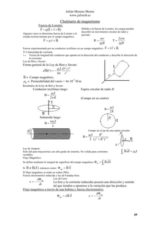 Julián Moreno Mestre
www.juliweb.es

Chuletario de magnetismo
Fuerza de Lorentz:
F = q ( E + v × B)

Debido a la fuerza de Lorentz, las cargas pueden
describir un movimiento circular de radio y
periodo:

Algunas veces se denomina fuerza de Lorentz a la
creada exclusivamente por el campo magnético.

R=

F = q·v × B

mv
qB

T=

2π m
qB

Fuerza experimentada por un conductor rectilíneo en un campo magnético: F = I·l × B
I ≡ Intensidad de corriente.
l ≡ Vector de longitud del conductor que apunta en la dirección del conductor y describe la dirección de
la corriente.
Ley de Biot y Savart:

Forma general de la Ley de Biot y Savart:
µ I dr ×r
d B(r ) = − 0
4π r 3
B ≡ Campo magnético.
µ 0 ≡ Permeabilidad del vacío = 4π·10-7 H/m
Resultados de la ley de Biot y Savart:

Conductor rectilíneo largo:
µI
B= 0
2π R

Espira circular de radio R.
(Campo en su centro)
B=

µ0 I
2R

Solenoide largo:
nµ I
B= 0
L
Campo en el eje de una espira circular:

µ0 I

R2
B=
2 ( z 2 + R 2 )3/ 2
Ley de Ampere:
Solo útil para trayectorias con alto grado de simetría. No valida para corrientes
variables.
Flujo Magnético:
Se define mediante la integral de superficie del campo magnético: Φ m =

∫

C

B·dl = µ0 I

∫ B·dS
S

Si B ≡ B( S ) entonces como: Φ m = B·S
/
El flujo magnético se mide en weber (Wb).
Fuerza electromotriz inducida y ley de Faraday-lenz:
Ley de Lenz:
dΦ

ε =−

m

La fem y la corriente inducidas poseen una dirección y sentido
tal que tienden a oponerse a la variación que las produce.
Flujo magnético a través de una bobina y fuerza electromotriz:
dΦ m
Φ m = n B·S
ε =−
dt

dt

49

 