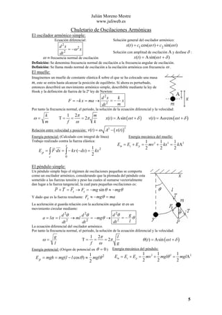 Julián Moreno Mestre
www.juliweb.es

Chuletario de Oscilaciones Armónicas
El oscilador armónico simple:
Solución general del oscilador armónico:

Ecuación diferencial:
2

d x

x(t ) = c1 cos(ω t ) + c2 sin(ω t )

= −ω 2 x

dt 2

Solución con amplitud de oscilación A y desfase δ :

x(t ) = A sin(ω t + δ )
ω ≡ frecuencia normal de oscilación
Definición: Se denomina frecuencia normal de oscilación a la frecuencia angular de oscilación.
Definición: Se llama modo normal de oscilación a la oscilación armónica con frecuencia ω .
El muelle:
Imaginemos un muelle de constante elástica k sobre el que se ha colocado una masa
m, este se estira hasta alcanzar la posición de equilibrio. Si ahora es perturbado,
entonces describirá un movimiento armónico simple, describible mediante la ley de
Hook y la definición de fuerza de la 2ª ley de Newton:

F = −k x = ma →

d 2x
dt

2

=−

k
x
m

Por tanto la frecuencia normal, el periodo, la solución de la ecuación diferencial y la velocidad:

ω=

k
m

1 2π
m
=
= 2π
f
ω
k

T=

Relación entre velocidad y posición: v (t ) = ω

x(t ) = A sin (ω t + δ )
A2 − ( x(t ) )

Energía potencial: (Calculado con integral de línea)
Trabajo realizado contra la fuerza elástica:
x

E p = ∫ F ·dx = ∫ − kx·(− dx) =
0

c

v(t ) = Aω cos (ω t + δ )

2

Energía mecánica del muelle:

Em = Ec + E p =

1 2
kx
2

1 2 1 2 1 2
mv + kx = kA
2
2
2

El péndulo simple:
Un péndulo simple bajo el régimen de oscilaciones pequeñas se comporta
como un oscilador armónico, considerando que la plomada del péndulo esta
sometido a las fuerzas tensión y peso las cuales al sumarse vectorialmente
dan lugar a la fuerza tangencial, la cual para pequeñas oscilaciones es:

P + T = Ft → Ft = −mg sin θ ≈ − mgθ
Y dado que es la fuerza resultante: Ft ≈ − mgθ = ma
La aceleración a guarda relación con la aceleración angular α en un
movimiento circular mediante:

a = lα = l

d 2θ
dt

2

→ ml

d 2θ
dt

2

= − mgθ →

d 2θ
dt

2

=−

g
θ
l

La ecuación diferencial del oscilador armónico.
Por tanto la frecuencia normal, el periodo, la solución de la ecuación diferencial y la velocidad:

1 2π
l
=
= 2π
θ (t ) = A sin (ω t + δ )
ω
f
g
Energía potencial: (Origen de potencial en θ = 0 ) Energía mecánica del péndulo:
1
1
1
1
Em = Ec + E p = mv 2 + mglθ 2 = mglA 2
E p = mgh = mg (l − l cos θ ) ≈ mglθ 2
2
2
2
2

ω=

g
l

T=

5

 