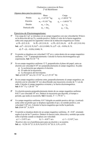 Chuletarios y ejercicios de física
2º de Bachillerato
Algunos datos para los ejercicios:
Protón

Masa
m p = 1.67·10−27 kg

Carga
q p = 1.60·10−19 C

Electrón

me = 9.1·10−31 kg

q p = −1.60·10−19 C

Deutón

m d = 2m p

qd = q p

Partícula alfa

mα = 4m p

qα = 2q p

Ejercicios de Electromagnetismo:
1º

Una carga de 2 µC se introduce en un campo magnético con una velocidad de 30 km/s
en la dirección del eje X y sentido positivo. Hallar el valor de la fuerza magnética
sobre esta carga para los siguientes valores de la inducción magnética en Teslas:
a) B = (0.5, 0, 0)
b) B = (0.5, 0.8, 0) c) B = (0.5, 0.6, 0) d) B = (0.5, 0.8, 0.6)
Sol: a) F = (0, 0, 0) N; b) F = (0, 0, 0.048) N; c) F = (0, − 0.036, 0) N;
d) F = (0, − 0.036, 0.048) N.

2º

Un protón se desplaza con velocidad 2·106 m/s y entra dentro de un campo magnético
uniforme, 3·10–5 T perpendicularmente. Calcular la fuerza electromagnética que
experimenta. Sol: 9.6·10–18 N

3º

En un campo magnético uniforme 12 T, perpendicular al plano del papel, entra un
electrón con velocidad 4·106 m/s perpendicularmente al campo magnético. Se pide:
a) La aceleración que adquiere el electrón.
b) El radio de la trayectoria.
c) La frecuencia del movimiento.
Sol: a) 8.44·1018 m/s; b) 1.9·10–6 m; c) 3.35·1011 Hz

4º

En un campo magnético uniforme entra, perpendicularmente al campo magnético, un
electrón con la velocidad 107 m/s describiendo una trayectoria circular de 7.1 cm de
radio. Calcular el campo magnético existente y la fuerza electromagnética.
Sol: 8·10–4 T y 1.28·10–15 N

5º

Un electrón penetra perpendicularmente dentro de un campo magnético uniforme
0.02 T con velocidad 105 m/s. Deducir la trayectoria que describe, el tiempo o
periodo, que tarda en recorrerla. Sol: Circular, T = 1.79·10–9 s

6º

Un campo magnético uniforme, 0.8 T dirigido en sentido positivo del eje z (vertical)
actúa sobre un protón que se desplaza siguiendo el eje y en sentido positivo, con
velocidad 5·106 m/s. Calcular la fuerza magnética que recibe la partícula.
Sol: (0.64·10–9, 0, 0) N

7º

Un protón se desplaza dentro de un campo magnético uniforme, B = 0.8T orientado
según el eje de las Y positivo. Deducir la fuerza (valor, dirección y sentido) que actúa
sobre el protón cuando se desplaza con velocidad:
b) v = 4·106 i m/s
c) v = 3.5·106 j m/s
a) v = 2·106 k m/s
Resolver otra vez el problema pero para un electrón y un neutrón.
Sol: a) – 0.256·10–9(1, 0, 0) N; b) 0.512·10–9(0, 0, 1) N; c) 0 N.

50

 