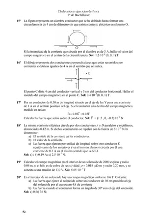 Chuletarios y ejercicios de física
2º de Bachillerato
15º La figura representa un alambre conductor que se ha doblado hasta formar una
circunferencia de 4 cm de diámetro sin que exista contacto eléctrico en el punto O.

Si la intensidad de la corriente que circula por el alambre es de 3 A, hallar el valor del
campo magnético en el centro de la circunferencia. Sol: 1.2·10–4 (0, 0, 1) T.
16º El dibujo representa dos conductores perpendiculares que están recorridos por
corrientes eléctricas iguales de 4 A en el sentido que se indica.

El punto C dista 4 cm del conductor vertical y 5 cm del conductor horizontal. Hallar el
módulo del campo magnético en el punto C. Sol: 0.4·10–5(0, 0, 1) T.
17º Por un conductor de 0.50 m de longitud situado en el eje de las Y pasa una corriente
de 1 A en el sentido positivo del eje. Si el conductor está dentro del campo magnético
medido en teslas:
B = 0.01i + 0.03k
Calcular la fuerza que actúa sobre el conductor. Sol: F = (1.5 , 0, –0.5)·10–2 N
18º La misma corriente eléctrica circula por dos conductores A y D paralelos y rectilíneos,
distanciados 0.12 m. Si dichos conductores se repelen con la fuerza de 6·10–8 N/m
determinar:
a) El sentido de la corriente en los conductores.
b) El valor de la corriente.
c) La fuerza que ejercen por unidad de longitud sobre otro conductor C
equidistante de los anteriores y en el mismo plano si circula por él una
corriente de 0.2 A en el mismo sentido que la del A.
Sol: a) ; b) 0.19 A; c) 2.5·10–7 N.
19º Calcular el campo magnético en el interior de un solenoide de 2000 espiras y radio
0.04 m, si el hilo es de cobre de resistividad ρ = 0.018 µΩ·m y radio 0.20 mm, y se
conecta a una tensión de 130 V. Sol: 5.65·10–3 T
20º En el interior de un solenoide hay un campo magnético uniforme 0.6 T. Calcular:
a) La fuerza que ejerce el solenoide sobre un conductor de 30 cm paralelo al eje
del solenoide por el que pasan 4A de corriente
b) La fuerza cuando el conductor forma un ángulo de 30º con el eje del solenoide.
Sol: a) 0; b) 36 N;

52

 