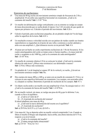 Chuletarios y ejercicios de física
2º de Bachillerato

Ejercicios de oscilaciones:
1º

Una masa de 80 kg oscila con movimiento armónico simple de frecuencia de 2 Hz y
amplitud de 10 cm sobre una superficie horizontal sin rozamiento. ¿Cuál es la
constante del muelle? Sol: 1.3·10–4 N/m.

2º

Un muelle sin deformación cuelga verticalmente y en su extremo se cuelga un cuerpo
de masa desconocida que se suelta desde el reposo. Cae 3.42 cm antes de que quede en
reposo por primera vez. Calcular el periodo del movimiento. Sol: 0.26 s

3º

Calcule el periodo, para oscilaciones pequeñas, de un péndulo simple de 9 m de largo
sobre la superficie de la tierra. Sol: 6.01 s

4º

Un muchacho avanza a velocidad suicida con sus patines de ruedas cuando sus tirantes
superelásticos se enganchan en el poste de una valla y comienza a oscilar adelante y
atrás con una amplitud A. ¿Qué distancia recorre en un periodo? Sol: 4·A

5º

Al pasar por un bache un coche experimenta oscilaciones de 1 Hz de frecuencia. Si los
cuatro amortiguadores del coche se tratan como si fueran muelles, y la masa total del
coche y ocupantes es de 1400 kg ¿cuál es la constante de cada amortiguador?
Sol: 1.4·104 N/m.

6º

Un muelle de constante elástica 6 N/m se corta por la mitad. ¿Cuál será la constante
elástica de cada trozo? ¿Ofrece más resistencia a ser deformado o menos?
Sol: 12 N/m. Ofrece más resistencia.

7º

Un péndulo de 1 m de longitud se separa 30º de la vertical y se suelta. ¿Llevará un
movimiento armónico simple? Sol: No.

8º

Dos cuerpos de masas 400 g y 600 g, se unen con un muelle de constante 0.1 N/m y se
colocan en una superficie horizontal sin rozamiento. Los cuerpos, son acercados entre
si y después se sueltan. Determine el periodo de oscilación de los cuerpos. Sol: 9.7 s

9º

Un objeto oscila unido a un muelle con una amplitud de 4.5cm. Su energía total es 1.4 J.
¿Cuál es la constante de fuerza del muelle? Sol: 1.4·103N/m

10º De un muelle vertical, sin masa, se cuelga una pesa de 60 g que lo deforma 3 cm,
cuando se lleva al equilibrio:
a) ¿Cuál es el valor de k?
b) ¿Y el periodo de oscilación del sistema?
Si ahora añadimos una masa de 40 g:
c) ¿Cuál será la nueva deformación del resorte en el equilibrio?
d) ¿Y el periodo de oscilación?
Sol: a) 20 N/m; b) 0.35 s; c) 5 cm; d) 0.45 s.
11º Una masa de 1 kg se deposita sobre un muelle vertical comprimido 5 cm. Cuando se
libera el muelle el bloque sale disparado, hacia arriba, una altura máxima de 0.75 m,
respecto a su nivel inicial.
a) ¿Cuál es la constante del muelle?
b) ¿Cuánta energía había almacenada?
Sol: a) 5.9·10 – 3 N/m; b) 7.4 J

6

 