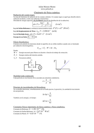 Julián Moreno Mestre
www.juliweb.es

Chuletario de física cuántica:
Radiación del cuerpo negro:
Se trata del fenómeno de radiación de los cuerpos calientes. Un cuerpo negro es aquel que absorbe toda la
radiación incidente y emite una radiación caracteristica.
Densidad de energía espectral o ley de Planck (función de distribución de la radiación):

8πν 2
hν
ρ (ν , T ) = 3 hν / kT
c e
−1

(J·s/m3)

Ley de Stefan-Boltzman (o emitancia monocromática total): E (T ) = σ T
0

4

(W/m2)

λmax ·T = 2.898·10−3 (m·K)
3
4
Ley de Rayleigh-Jeans: ρ (ν , T ) = 8π kT / λ (J·s/m )
Energía de un fotón: Eγ = hν (J)
Ley del desplazamiento de Wien:

Efecto fotoeléctrico:
Consiste en la emisión de electrones desde la superficie de un sólido metálico cuando este es iluminado
por radiación electromagnética.

Ec ,max = Eγ − W = hν − hν 0

Donde:

W≡
Ec ≡

Energía necesaria para liberar un electrón o función de trabajo de extracción.

ν0 ≡

Frecuencia umbral.

Energía cinética del electrón emitido.

Dualidad onda corpúsculo:
Cada partícula en movimiento lleva asociada una naturaleza ondulatoria.

λ=

h
h
=
p mv

Principio de incertidumbre de Heisenberg:
No es posible determinar, simultáneamente de un modo preciso, la posición y la cantidad de movimiento
de una partícula.

∆x·∆p ≥

h
4π

∆E·∆t ≥

h
4π

También con la energía y el tiempo:

Constantes físicas importantes de física cuántica y física estadística.
–23
Constante de Boltzman: k = 1.381·10
J/K.
–8
2
Constante de Stefan-Boltzman: σ = 5.67·10 W/m .
– 34
Constante de Planck: h = 6.63·10
J·S.

83

 