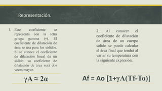 Representación.
γA ≈ 2α
1. Este coeficiente se
representa con la letra
griega gamma (γ). El
coeficiente de dilatación de
área se usa para los sólidos.
Si se conoce el coeficiente
de dilatación lineal de un
sólido, su coeficiente de
dilatación de área será dos
veces mayor.
2. Al conocer el
coeficiente de dilatación
de área de un cuerpo
sólido se puede calcular
el área final que tendrá al
variar su temperatura con
la siguiente expresión.
Af = Ao [1+γA(Tf-To)]
 