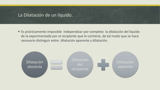 La Dilatación de un líquido.
 Es prácticamente imposible independizar por completo la dilatación del líquido
de la experimentada por el recipiente que lo contiene, de tal modo que se hace
necesario distinguir entre dilatación aparente y dilatación.
Dilatación
absoluta
Dilatación
del
recipiente
Dilatación
aparente
 