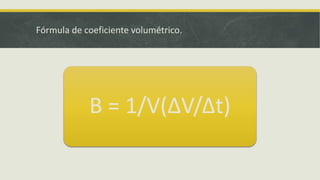 Fórmula de coeficiente volumétrico.
Β = 1/V(ΔV/Δt)
 