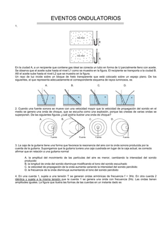 EVENTOS ONDULATORIOS
1.
En la ciudad A, a un recipiente que contiene gas ideal se conecta un tubo en forma de U parcialmente lleno con aceite.
Se observa que el aceite sube hasta el nivel L1 como se muestra en la figura. El recipiente se transporta a la ciudad B.
Allí el aceite sube hasta el nivel L2 que se muestra en la figura.
Un rayo de luz incide sobre un bloque de hielo transparente que está colocado sobre un espejo plano. De los
siguientes, el que representa adecuadamente el correspondiente esquema de rayos luminosos, es
2. Cuando una fuente sonora se mueve con una velocidad mayor que la velocidad de propagación del sonido en el
medio se genera una onda de choque, que se escucha como una explosión, porque las crestas de varias ondas se
superponen. De las siguientes figuras ¿cuál podría ilustrar una onda de choque?
3. La caja de la guitarra tiene una forma que favorece la resonancia del aire con la onda sonora producida por la
cuerda de la guitarra. Supongamos que la guitarra tuviera una caja cuadrada en lugar de la caja actual, es correcto
afirmar que en relación a una guitarra normal
A. la amplitud del movimiento de las partículas del aire es menor, cambiando la intensidad del sonido
producido
B. la longitud de onda del sonido disminuye modificando el tono del sonido escuchado
C. la velocidad de propagación de la onda aumenta variando la intensidad del sonido percibido
D. la frecuencia de la onda disminuye aumentando el tono del sonido percibido
4. En una cuerda 1, sujeta a una tensión T se generan ondas armónicas de frecuencia f = 3Hz. En otra cuerda 2
idéntica y sujeta a la misma tensión que la cuerda 1 se genera una onda con frecuencia 2Hz. Las ondas tienen
amplitudes iguales. La figura que ilustra las formas de las cuerdas en un instante dado es
 