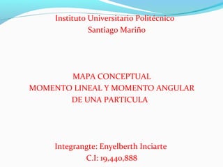 Instituto Universitario Politécnico
Santiago Mariño
MAPA CONCEPTUAL
MOMENTO LINEAL Y MOMENTO ANGULAR
DE UNA PARTICULA
Integrangte: Enyelberth Inciarte
C.I: 19,440,888
 