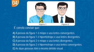 A) A pessoa da figura 1 é míope e usa lentes convergentes.
B) A pessoa da figura 1 é hipermetrope e usa lentes divergentes.
C) A pessoa da figura 2 é míope e usa lentes divergentes.
D) A pessoa da figura 2 é hipermetrope e usa lentes convergentes.
E) As duas pessoas têm o mesmo defeito visual.
É correto concluir que:
 