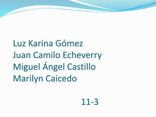 Luz Karina Gómez
Juan Camilo Echeverry
Miguel Ángel Castillo
Marilyn Caicedo
11-3
 
