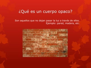 ¿Qué es un cuerpo opaco?
Son aquellos que no dejan pasar la luz a través de ellos.
Ejemplo: pared, madera, etc.
 