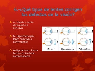 6.-¿Qué tipos de lentes corrigen
los defectos de la visión?
 a) Miopía : Lente
divergente o
cóncava.
 b) Hipermetropía:
lente convexa o
convergente.
 Astigmatismo: Lente
tortica o cilíndrica
compensadora.
 