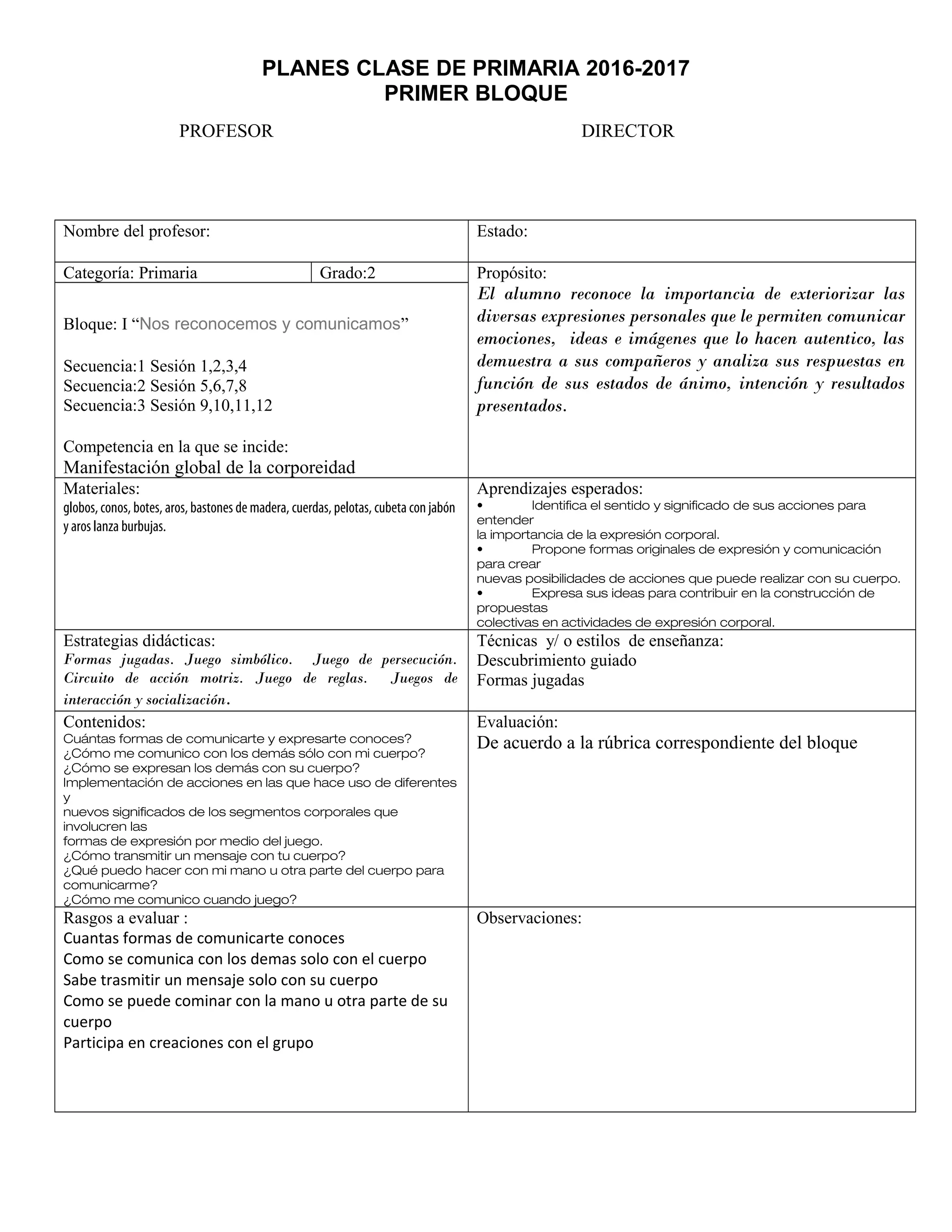 PLANES CLASE DE PRIMARIA 2016-2017
PRIMER BLOQUE
PROFESOR DIRECTOR
Nombre del profesor: Estado:
Categoría: Primaria Grado:2 Propósito:
El alumno reconoce la importancia de exteriorizar las
diversas expresiones personales que le permiten comunicar
emociones, ideas e imágenes que lo hacen autentico, las
demuestra a sus compañeros y analiza sus respuestas en
función de sus estados de ánimo, intención y resultados
presentados.
Bloque: I “Nos reconocemos y comunicamos”
Secuencia:1 Sesión 1,2,3,4
Secuencia:2 Sesión 5,6,7,8
Secuencia:3 Sesión 9,10,11,12
Competencia en la que se incide:
Manifestación global de la corporeidad
Materiales:
globos, conos, botes, aros, bastones de madera, cuerdas, pelotas, cubeta con jabón
y aros lanza burbujas.
Aprendizajes esperados:
• Identifica el sentido y significado de sus acciones para
entender
la importancia de la expresión corporal.
• Propone formas originales de expresión y comunicación
para crear
nuevas posibilidades de acciones que puede realizar con su cuerpo.
• Expresa sus ideas para contribuir en la construcción de
propuestas
colectivas en actividades de expresión corporal.
Estrategias didácticas:
Formas jugadas. Juego simbólico. Juego de persecución.
Circuito de acción motriz. Juego de reglas. Juegos de
interacción y socialización.
Técnicas y/ o estilos de enseñanza:
Descubrimiento guiado
Formas jugadas
Contenidos:
Cuántas formas de comunicarte y expresarte conoces?
¿Cómo me comunico con los demás sólo con mi cuerpo?
¿Cómo se expresan los demás con su cuerpo?
Implementación de acciones en las que hace uso de diferentes
y
nuevos significados de los segmentos corporales que
involucren las
formas de expresión por medio del juego.
¿Cómo transmitir un mensaje con tu cuerpo?
¿Qué puedo hacer con mi mano u otra parte del cuerpo para
comunicarme?
¿Cómo me comunico cuando juego?
Evaluación:
De acuerdo a la rúbrica correspondiente del bloque
Rasgos a evaluar :
Cuantas formas de comunicarte conoces
Como se comunica con los demas solo con el cuerpo
Sabe trasmitir un mensaje solo con su cuerpo
Como se puede cominar con la mano u otra parte de su
cuerpo
Participa en creaciones con el grupo
Observaciones:
 