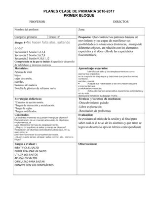 PLANES CLASE DE PRIMARIA 2016-2017
PRIMER BLOQUE
PROFESOR DIRECTOR
Nombre del profesor: Zona:
Categoría: primaria Grado: 4° Propósito: Que controle los patrones básicos de
movimiento y sea capaz de manifestar sus
posibilidades en situaciones dinámicas, manejando
diferentes objetos, en relación con los elementos
espaciales y el desarrollo de las capacidades
físicomotrices.
Bloque: I “No hacen falta alas, saltando
ando”
Secuencia:1 Sesión 1,2,3,4
Secuencia:2 Sesión 5,6,7,8
Secuencia:3 Sesión 9,10,11,12
Competencia en la que se incide: Expresión y desarrollo
de habilidades y destrezas motrices
Materiales:
Pelotas de vinil
hojas,
cajas de cartón,
cuerdas,
bastones de madera
Botella de plástico de refresco vacía
Aprendizajes esperados:
Identifica el salto y los desplazamientos como
elementos implícitos
en la mayoría de los juegos y deportes que practica en su
contexto
escolar y social.
• Adapta sus habilidades a las circunstancias para
incrementar sus
posibilidades motrices.
• Actúa de manera propositiva durante las actividades y
en su vida
diaria para fortalecer su bagaje motriz.
Estrategias didácticas:
*Circuitos de acción motriz.
*Juegos de interacción y socialización.
*Juego de reglas.
*Juegos modificados.
Técnicas y/ o estilos de enseñanza:
-Descubrimiento guiado
-Libre exploración
-Resolución de problemas
Contenidos:
De cuántas maneras se pueden manipular objetos?
Demostración de un manejo adecuado de objetos e
implementos, al
usar diferentes formas de desplazamiento.
¿Mejoro mi equilibrio al saltar y manipular objetos?
Realización de diversas actividades lúdicas que, en su
ejecución, le
permiten favorecer la competencia motriz.
¿Quién puede lanzar, atrapar, saltar, correr, etc., cómo lo
hago?
Evaluación:
Se evaluara al inicio de la sesión y al final para
saber cuál es el nivel de los alumnos y que tanto se
logra un desarrollo aplicar rubrica correspondiente
Rasgos a evaluar :
IDENTIFICA EL SALTO
PUEDE REALIZAR UN SALTO
UTILIZA LOS SALTOS
APLICA LOS SALTOS
DIFICULTAD PARA SALTAR
CONVIVE CON SUS COMPAÑEROS
Observaciones:
 