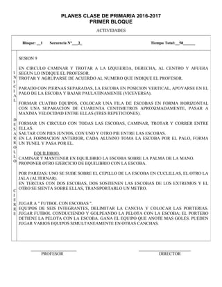 PLANES CLASE DE PRIMARIA 2016-2017
PRIMER BLOQUE
ACTIVIDADES
_____________________ ________________________
PROFESOR DIRECTOR
Bloque: __1 Secuencia N°___3_ Tiempo Total:__50______
I
N
I
C
I
A
L
D
E
S
A
R
R
O
L
L
O
C
I
E
R
R
E
SESION 9
EN CIRCULO CAMINAR Y TROTAR A LA IZQUIERDA, DERECHA, AL CENTRO Y AFUERA
SEGUN LO INDIQUE EL PROFESOR.
TROTAR Y AGRUPARSE DE ACUERDO AL NUMERO QUE INDIQUE EL PROFESOR.
PARADO CON PIERNAS SEPARADAS, LA ESCOBA EN POSICION VERTICAL, APOYARSE EN EL
PALO DE LA ESCOBA Y BAJAR PAULATINAMENTE (VICEVERSA).
FORMAR CUATRO EQUIPOS, COLOCAR UNA FILA DE ESCOBAS EN FORMA HORIZONTAL
CON UNA SEPARACION DE CUARENTA CENTIMETROS APROXIMADAMENTE, PASAR A
MAXIMA VELOCIDAD ENTRE ELLAS (TRES REPETICIONES).
FORMAR UN CIRCULO CON TODAS LAS ESCOBAS, CAMINAR, TROTAR Y CORRER ENTRE
ELLAS.
SALTAR CON PIES JUNTOS, CON UNO Y OTRO PIE ENTRE LAS ESCOBAS.
EN LA FORMACION ANTERIOR, CADA ALUMNO TOMA LA ESCOBA POR EL PALO, FORMA
UN TUNEL Y PASA POR EL.
EQUILIBRIO.
CAMINAR Y MANTENER EN EQUILIBRIO LA ESCOBA SOBRE LA PALMA DE LA MANO.
PROPONER OTRO EJERCICIO DE EQUILIBRIO CON LA ESCOBA.
POR PAREJAS: UNO SE SUBE SOBRE EL CEPILLO DE LA ESCOBA EN CUCLILLAS, EL OTRO LA
JALA (ALTERNAR).
EN TERCIAS CON DOS ESCOBAS, DOS SOSTIENEN LAS ESCOBAS DE LOS EXTREMOS Y EL
OTRO SE SIENTA SOBRE ELLAS, TRANSPORTARLO UN METRO.
JUGAR A " FUTBOL CON ESCOBAS ".
EQUIPOS DE SEIS INTEGRANTES, DELIMITAR LA CANCHA Y COLOCAR LAS PORTERIAS.
JUGAR FUTBOL CONDUCIENDO Y GOLPEANDO LA PELOTA CON LA ESCOBA; EL PORTERO
DETIENE LA PELOTA CON LA ESCOBA. GANA EL EQUIPO QUE ANOTE MAS GOLES. PUEDEN
JUGAR VARIOS EQUIPOS SIMULTANEAMENTE EN OTRAS CANCHAS.
 
