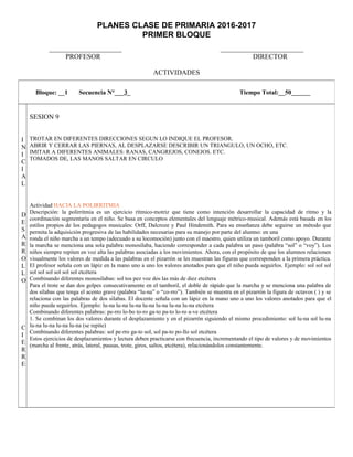 PLANES CLASE DE PRIMARIA 2016-2017
PRIMER BLOQUE
_____________________ ________________________
PROFESOR DIRECTOR
ACTIVIDADES
Bloque: __1 Secuencia N°___3_ Tiempo Total:__50______
I
N
I
C
I
A
L
D
E
S
A
R
R
O
L
L
O
C
I
E
R
R
E
SESION 9
TROTAR EN DIFERENTES DIRECCIONES SEGUN LO INDIQUE EL PROFESOR.
ABRIR Y CERRAR LAS PIERNAS, AL DESPLAZARSE DESCRIBIR UN TRIANGULO, UN OCHO, ETC.
IMITAR A DIFERENTES ANIMALES: RANAS, CANGREJOS, CONEJOS. ETC.
TOMADOS DE, LAS MANOS SALTAR EN CIRCULO
Actividad HACIA LA POLIRRITMIA
Descripción: la polirritmia es un ejercicio rítmico-motriz que tiene como intención desarrollar la capacidad de ritmo y la
coordinación segmentaría en el niño. Se basa en conceptos elementales del lenguaje métrico-musical. Además está basada en los
estilos propios de los pedagogos musicales: Orff, Dalcroze y Paul Hindemith. Para su enseñanza debe seguirse un método que
permita la adquisición progresiva de las habilidades necesarias para su manejo por parte del alumno: en una
ronda el niño marcha a un tempo (adecuado a su locomoción) junto con el maestro, quien utiliza un tamboril como apoyo. Durante
la marcha se menciona una sola palabra monosílaba, haciendo corresponder a cada palabra un paso (palabra “sol” o “voy”). Los
niños siempre repiten en voz alta las palabras asociadas a los movimientos. Ahora, con el propósito de que los alumnos relacionen
visualmente los valores de medida a las palabras en el pizarrón se les muestran las figuras que corresponden a la primera práctica.
El profesor señala con un lápiz en la mano uno a uno los valores anotados para que el niño pueda seguirlos. Ejemplo: sol sol sol
sol sol sol sol sol sol etcétera
Combinando diferentes monosílabas: sol tos pez voz dos las más de diez etcétera
Para el trote se dan dos golpes consecutivamente en el tamboril, el doble de rápido que la marcha y se menciona una palabra de
dos sílabas que tenga el acento grave (palabra “lu-na” o “co-rro”). También se muestra en el pizarrón la figura de octavos ( ) y se
relaciona con las palabras de dos sílabas. El docente señala con un lápiz en la mano uno a uno los valores anotados para que el
niño pueda seguirlos. Ejemplo: lu-na lu-na lu-na lu-na lu-na lu-na lu-na etcétera
Combinando diferentes palabras: pe-rro lo-bo to-ro ga-to pa-to lo-ro a-ve etcétera
1. Se combinan los dos valores durante el desplazamiento y en el pizarrón siguiendo el mismo procedimiento: sol lu-na sol lu-na
lu-na lu-na lu-na lu-na (se repite)
Combinando diferentes palabras: sol pe-rro ga-to sol, sol pa-to po-llo sol etcétera
Estos ejercicios de desplazamientos y lectura deben practicarse con frecuencia, incrementando el tipo de valores y de movimientos
(marcha al frente, atrás, lateral, pausas, trote, giros, saltos, etcétera), relacionándolos constantemente.
 