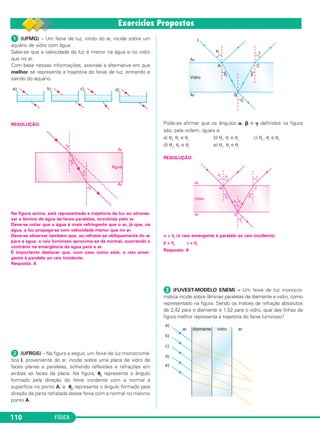 FÍSICA110
ᕡ (UFMG) – Um feixe de luz, vindo do ar, incide sobre um
aquário de vidro com água.
Sabe-se que a velocidade da luz é menor na água e no vidro
que no ar.
Com base nessas informações, assinale a alternativa em que
melhor se representa a trajetória do feixe de luz, entrando e
saindo do aquário.
RESOLUÇÃO:
Na figura acima, está representada a trajetória da luz ao atraves-
sar a lâmina de água de faces paralelas, envolvida pelo ar.
Deve-se notar que a água é mais refringente que o ar, já que, na
água, a luz propaga-se com velocidade menor que no ar.
Deve-se observar também que, ao refratar-se obliquamente do ar
para a água, o raio luminoso aproxima-se da normal, ocorrendo o
contrário na emergência da água para o ar.
É importante destacar que, num caso como este, o raio emer-
gente é paralelo ao raio incidente.
Resposta: A
ᕢ (UFRGS) – Na figura a seguir, um feixe de luz monocromá-
tica I, proveniente do ar, incide sobre uma placa de vidro de
faces planas e paralelas, sofrendo reflexões e refrações em
ambas as faces da placa. Na figura, ␪i representa o ângulo
formado pela direção do feixe incidente com a normal à
superfície no ponto A, e ␪r representa o ângulo formado pela
direção da parte refratada desse feixe com a normal no mesmo
ponto A.
Pode-se afirmar que os ângulos ␣, ␤ e ␥ definidos na figura
são, pela ordem, iguais a:
a) θi, θr e θi b) θi, θi e θr c) θr, θi e θr
d) θr, θr e θi e) θr, θi e θi
RESOLUÇÃO:
α = θi (o raio emergente é paralelo ao raio incidente)
β = θr γ = θi
Resposta: A
ᕣ (FUVEST-MODELO ENEM) – Um feixe de luz monocro-
mática incide sobre lâminas paralelas de diamante e vidro, como
representado na figura. Sendo os índices de refração absolutos
de 2,42 para o diamante e 1,52 para o vidro, qual das linhas da
figura melhor representa a trajetória do feixe luminoso?
C2_2a_Fisica_alelex 26/09/12 12:26 Página 110
 