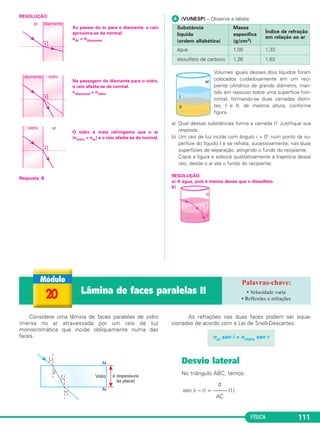 FÍSICA 111
Considere uma lâmina de faces paralelas de vidro
imersa no ar atravessada por um raio de luz
monocromática que incide obliquamente numa das
faces.
As refrações nas duas faces podem ser equa-
cionadas de acordo com a Lei de Snell-Descartes:
Desvio lateral
No triângulo ABC, temos:
d
sen (i – r) = ––––– (1)
AC
nar sen i = nvidro sen r
RESOLUÇÃO:
Ao passar do ar para o diamante, o raio
aproxima-se da normal.
nAr < ndiamante
Na passagem do diamante para o vidro,
o raio afasta-se da normal.
ndiamante > nvidro
O vidro é mais refringente que o ar
(nvidro > nar) e o raio afasta-se da normal.
Resposta: B
ᕤ (VUNESP) – Observe a tabela:
Volumes iguais desses dois líquidos foram
colocados cuidadosamente em um reci-
piente cilíndrico de grande diâmetro, man-
tido em repouso sobre uma superfície hori-
zontal, formando-se duas camadas distin-
tas, I e II, de mesma altura, conforme
figura.
a) Qual dessas substâncias forma a camada I? Justifique sua
resposta.
b) Um raio de luz incide com ângulo i > 0° num ponto da su-
perfície do líquido I e se refrata, sucessivamente, nas duas
superfícies de separação, atingindo o fundo do recipiente.
Copie a figura e esboce qualitativamente a trajetória desse
raio, desde o ar até o fundo do recipiente.
RESOLUÇÃO:
a) A água, pois é menos densa que o dissulfeto.
b)
Substância
líquida
(ordem alfabética)
Massa
específica
(g/cm3)
Índice de refração
em relação ao ar
água 1,00 1,33
dissulfeto de carbono 1,26 1,63
20 Lâmina de faces paralelas II • Velocidade varia
• Reflexões e refrações
C2_2a_Fisica_alelex 26/09/12 12:26 Página 111
 