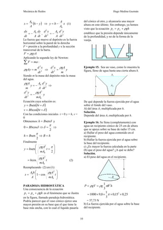 Mecánica de fluidos Hugo Medina Guzmán
10
( )
y
h
A
A
x −
= 0
⇒ x
A
A
h
y
0
−
= (1)
dt
dy
A
A
dt
dx 0
−
= , 2
2
0
2
2
dt
y
d
A
A
dt
x
d
−
=
La fuerza que mueve al depósito es la fuerza
horizontal sobre la pared de la derecha
F = presión a la profundidad y x la sección
transversal de la barra.
gyA
F ρ
=
Aplicando la segunda ley de Newton:
∑ = ma
F :
2
2
dt
x
d
m
gAy =
ρ ⇒ y
m
gA
dt
x
d ρ
=
2
2
Siendo m la masa del depósito más la masa
del agua.
2
2
0
dt
y
d
A
A
y
m
gA
−
=
ρ
⇒
y
mA
gA
dt
y
d
0
2
2
2
ρ
−
=
Ecuación cuya solución es:
( )
δ
+
= bt
B
y sen
( )
δ
+
= bt
Bb
v cos
Con las condiciones iniciales t = 0 y = h, v =
0
Obtenemos: δ
sen
B
h = y
2
cos
0
π
δ
δ =
⇒
= Bb ⇒
h
B
B
h =
⇒
=
2
sen
π
Finalmente
⎟
⎟
⎠
⎞
⎜
⎜
⎝
⎛
+
=
2
sen
0
2
π
ρ
t
mA
gA
h
y
t
mA
gA
h
0
2
cos
ρ
= (2)
Reemplazando (2) en (1):
⎟
⎟
⎠
⎞
⎜
⎜
⎝
⎛
−
= t
mA
gA
A
h
A
x
0
2
0
cos
1
ρ
PARADOJA HIDROSTÁTICA
Una consecuencia de la ecuación
gh
p
p a ρ
+
=
1 es el fenómeno que se ilustra
en la figura, llamado paradoja hidrostática.
Podría parecer que el vaso cónico ejerce una
mayor presión en su base que el que tiene la
base más ancha, con lo cual el líquido pasaría
del cónico al otro, y alcanzaría una mayor
altura en este último. Sin embargo, ya hemos
visto que la ecuación gh
p
p a ρ
+
=
1
establece que la presión depende únicamente
de la profundidad, y no de la forma de la
vasija.
Ejemplo 15. Sea un vaso, como lo muestra la
figura, lleno de agua hasta una cierta altura h.
De qué depende la fuerza ejercida por el agua
sobre el fondo del vaso.
A) del área A1 multiplicada por h.
Solución.
Depende del área A3 multiplicada por h.
Ejemplo 16. Se llena (completamente) con
agua un recipiente cónico de 25 cm de altura
que se apoya sobre su base de radio 15 cm.
a) Hallar el peso del agua contenido en el
recipiente.
b) Hallar la fuerza ejercida por el agua sobre
la base del recipiente.
c) ¿Es mayor la fuerza calculada en la parte
(b) que el peso del agua? ¿A qué se debe?
Solución.
a) El peso del agua en el recipiente.
h
R
g
gV
P 2
3
1
π
ρ
ρ =
=
25
,
0
15
,
0
3
1
8
,
9
1000 2
×
×
×
×
= π
= 57,73 N
b) La fuerza ejercida por el agua sobre la base
del recipiente.
 