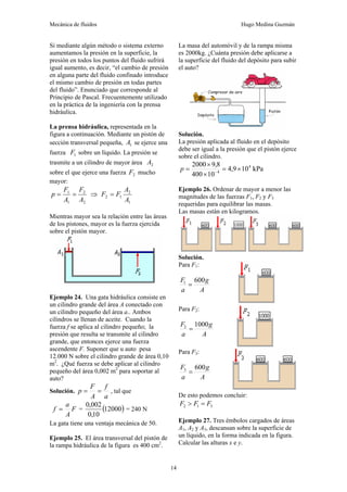 Mecánica de fluidos Hugo Medina Guzmán
14
Si mediante algún método o sistema externo
aumentamos la presión en la superficie, la
presión en todos los puntos del fluido sufrirá
igual aumento, es decir, “el cambio de presión
en alguna parte del fluido confinado introduce
el mismo cambio de presión en todas partes
del fluido”. Enunciado que corresponde al
Principio de Pascal. Frecuentemente utilizado
en la práctica de la ingeniería con la prensa
hidráulica.
La prensa hidráulica, representada en la
figura a continuación. Mediante un pistón de
sección transversal pequeña, 1
A se ejerce una
fuerza 1
F sobre un líquido. La presión se
trasmite a un cilindro de mayor área 2
A
sobre el que ejerce una fuerza 2
F mucho
mayor:
2
2
1
1
A
F
A
F
p =
= ⇒
1
2
1
2
A
A
F
F =
Mientras mayor sea la relación entre las áreas
de los pistones, mayor es la fuerza ejercida
sobre el pistón mayor.
Ejemplo 24. Una gata hidráulica consiste en
un cilindro grande del área A conectado con
un cilindro pequeño del área a.. Ambos
cilindros se llenan de aceite. Cuando la
fuerza f se aplica al cilindro pequeño; la
presión que resulta se transmite al cilindro
grande, que entonces ejerce una fuerza
ascendente F. Suponer que u auto pesa
12.000 N sobre el cilindro grande de área 0,10
m2
. ¿Qué fuerza se debe aplicar al cilindro
pequeño del área 0,002 m2
para soportar al
auto?
Solución.
a
f
A
F
p =
= , tal que
F
A
a
f = = ( )
12000
10
,
0
002
,
0
= 240 N
La gata tiene una ventaja mecánica de 50.
Ejemplo 25. El área transversal del pistón de
la rampa hidráulica de la figura es 400 cm2
.
La masa del automóvil y de la rampa misma
es 2000kg. ¿Cuánta presión debe aplicarse a
la superficie del fluido del depósito para subir
el auto?
Solución.
La presión aplicada al fluido en el depósito
debe ser igual a la presión que el pistón ejerce
sobre el cilindro.
kPa
10
9
,
4
10
400
8
,
9
2000 4
4
×
=
×
×
= −
p
Ejemplo 26. Ordenar de mayor a menor las
magnitudes de las fuerzas F1, F2 y F3
requeridas para equilibrar las masas.
Las masas están en kilogramos.
Solución.
Para F1:
A
g
a
F 600
1
=
Para F2:
A
g
a
F 1000
2
=
Para F3:
A
g
a
F 600
3
=
De esto podemos concluir:
3
1
2 F
F
F =
>
Ejemplo 27. Tres émbolos cargados de áreas
A1, A2 y A3, descansan sobre la superficie de
un líquido, en la forma indicada en la figura.
Calcular las alturas x e y.
 