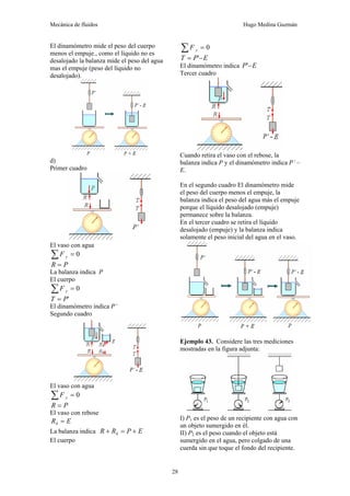 Mecánica de fluidos Hugo Medina Guzmán
28
El dinamómetro mide el peso del cuerpo
menos el empuje., como el líquido no es
desalojado la balanza mide el peso del agua
mas el empuje (peso del líquido no
desalojado).
d)
Primer cuadro
El vaso con agua
0
=
∑ y
F
P
R =
La balanza indica P
El cuerpo
0
=
∑ y
F
'
P
T =
El dinamómetro indica P’
Segundo cuadro
El vaso con agua
0
=
∑ y
F
P
R =
El vaso con rebose
E
R =
4
La balanza indica E
P
R
R +
=
+ 4
El cuerpo
0
=
∑ y
F
E
P
T −
= '
El dinamómetro indica E
P −
'
Tercer cuadro
Cuando retira el vaso con el rebose, la
balanza indica P y el dinamómetro indica P’ –
E.
En el segundo cuadro El dinamómetro mide
el peso del cuerpo menos el empuje, la
balanza indica el peso del agua más el empuje
porque el líquido desalojado (empuje)
permanece sobre la balanza.
En el tercer cuadro se retira el líquido
desalojado (empuje) y la balanza indica
solamente el peso inicial del agua en el vaso.
Ejemplo 43. Considere las tres mediciones
mostradas en la figura adjunta:
I) P1 es el peso de un recipiente con agua con
un objeto sumergido en él.
II) P2 es el peso cuando el objeto está
sumergido en el agua, pero colgado de una
cuerda sin que toque el fondo del recipiente.
 