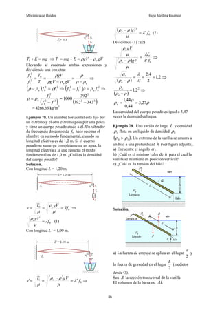 Mecánica de fluidos Hugo Medina Guzmán
46
mg
E
T =
+
1 ⇒ gV
gV
E
mg
T a
ρ
ρ −
=
−
=
1
Elevando al cuadrado ambas expresiones y
dividiendo una con otra:
a
a gV
gV
gV
T
T
f
f
ρ
ρ
ρ
ρ
ρ
ρ
−
=
−
=
=
1
0
2
1
2
0
⇒
( ) 2
1
2
0 f
f
a ρ
ρ
ρ =
− ⇒ ( ) 2
0
2
1
2
0 f
f
f a
ρ
ρ =
− ⇒
( )
2
1
2
0
2
0
f
f
f
a
−
= ρ
ρ =
( )
2
2
2
343
392
392
1000
−
= 4266,66 kg/m3
Ejemplo 78. Un alambre horizontal está fijo por
un extremo y el otro extremo pasa por una polea
y tiene un cuerpo pesado atado a él. Un vibrador
de frecuencia desconocida f0 hace resonar el
alambre en su modo fundamental, cuando su
longitud efectiva es de 1,2 m. Si el cuerpo
pesado se sumerge completamente en agua, la
longitud efectiva a la que resuena el modo
fundamental es de 1,0 m. ¿Cuál es la densidad
del cuerpo pesado?
Solución.
Con longitud L = 1,20 m.
0
0
f
gV
T
v o
λ
μ
ρ
μ
=
=
= ⇒
0
f
gV
o
λ
μ
ρ
= (1)
Con longitud L’ = 1,00 m.
( )
0
1
'
' f
gV
T
v o
λ
μ
ρ
ρ
μ
=
−
=
= ⇒
( )
0
' f
gV
o
λ
μ
ρ
ρ
=
−
(2)
Dividiendo (1) : (2)
( ) 0
0
' f
f
gV
gV
o
o
λ
λ
μ
ρ
ρ
μ
ρ
=
−
⇒
( )
2
,
1
2
4
,
2
'
=
=
=
− λ
λ
ρ
ρ
ρ
o
o
⇒
( )
2
2
,
1
=
− ρ
ρ
ρ
o
o
⇒
ρ
ρ
ρ 27
,
3
44
,
0
44
,
1
=
=
o
La densidad del cuerpo pesado es igual a 3,47
veces la densidad del agua.
Ejemplo 79. Una varilla de largo L y densidad
1
ρ flota en un líquido de densidad 0
ρ
( )
1
0 ρ
ρ > . Un extremo de la varilla se amarra a
un hilo a una profundidad h (ver figura adjunta).
a) Encuentre el ángulo α .
b) ¿Cuál es el mínimo valor de h para el cual la
varilla se mantiene en posición vertical?
c) ¿Cuál es la tensión del hilo?
Solución.
a) La fuerza de empuje se aplica en el lugar
2
a
y
la fuerza de gravedad en el lugar
2
L
(medidos
desde O).
Sea A la sección transversal de la varilla
El volumen de la barra es: AL
 