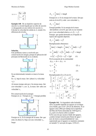 Mecánica de fluidos Hugo Medina Guzmán
83
⇒
( )
⎟
⎟
⎠
⎞
⎜
⎜
⎝
⎛
−
−
=
2
0
2
1
2
A
A
h
a
g
v
Ejemplo 140. De un depósito superior de
sección A0 circula líquido por un tubo de sección
A, desaguando en uno inferior de sección A1.
Calcular la velocidad de salida en A, siendo h la
diferencia de niveles.
Solución.
Este problema vamos a resolverlo por
conservación de energía, porque la aplicación del
principio de Bernoulli no es evidente.
En un determinado instante se mueve la masa
m
Δ .
En 2
A baja la masa m
Δ (altura h y velocidad
0
v ).
Al mismo tiempo sale por A la misma masa m
Δ
con velocidad v y en 1
A , la masa m
Δ sube con
velocidad 1
v
Por conservación de la energía
Energía en A0 = Energía en A1 + Energía perdida
Energía en A0. Es la energía de la masa m
Δ que
está a la altura h y baja con una velocidad 0
v ,
luego:
mgh
mv
EA Δ
+
Δ
= 2
0
2
1
0
Energía en A1. Es la energía de la masa m
Δ que
está en el nivel 0 y sube con velocidad 1
v .
2
1
2
1
1
mv
EA Δ
=
Energía perdida. Es la energía de la masa
m
Δ también a nivel 0, que sale en ese instante
por A con velocidad relativa a A1, ( )
1
v
v − .
Energía que queda destruida en el líquido en
reposo del segundo depósito.
( )2
1
2
1
v
v
m
Ep −
Δ
=
Reemplazando obtenemos:
( )2
1
2
1
2
0
2
1
2
1
2
1
v
v
m
mv
mgh
mv −
Δ
+
Δ
=
Δ
+
Δ
⇒ ( ) ( ) mgh
v
v
m
v
v
m Δ
=
−
Δ
+
−
Δ
2
1
2
0
2
1
2
1
2
1
⇒ ( ) ( ) gh
v
v
v
v 2
2
1
2
0
2
1 =
−
+
− (1)
Por la ecuación de la continuidad
1
1
0
0 v
A
Av
v
A =
= ⇒
v
A
A
v
0
0 = (2) y
v
A
A
v
1
1 = (3)
Reemplazando (2) y (3) en (1)
gh
v
A
A
A
A
A
A
2
1 2
2
1
2
0
2
1
=
⎥
⎥
⎦
⎤
⎢
⎢
⎣
⎡
⎟
⎟
⎠
⎞
⎜
⎜
⎝
⎛
−
+
⎟
⎟
⎠
⎞
⎜
⎜
⎝
⎛
−
⎟
⎟
⎠
⎞
⎜
⎜
⎝
⎛
⇒ gh
v
A
A
A
A
A
A
2
1
2
1 2
1
1
2
0
=
⎥
⎥
⎦
⎤
⎢
⎢
⎣
⎡
⎟
⎟
⎠
⎞
⎜
⎜
⎝
⎛
−
−
⎟
⎟
⎠
⎞
⎜
⎜
⎝
⎛
−
⇒ 2
1
1
2
0
1
2
1
2
⎟
⎟
⎠
⎞
⎜
⎜
⎝
⎛
−
−
⎟
⎟
⎠
⎞
⎜
⎜
⎝
⎛
−
=
A
A
A
A
A
A
gh
v
Ejemplo 141. Un legendario niño holandés
salvo su pueblo tapando un agujero en un dique
con el dedo, que es de 1,20 cm de diámetro. Si el
agujero está 2,00m por debajo de la superficie
del Mar del Norte (densidad de 1030 kg/m3
),
a) ¿cuál es la fuerza sobre su dedo?
b) En caso de que sacara el dedo del agujero,
¿cuánto tiempo tomaría para llenar de agua 1
acre de tierra a una profundidad de 1 pie,
suponiendo que el agujero se mantiene constante
en tamaño? (1 acre-pie de agua, 1234 m3
).
 