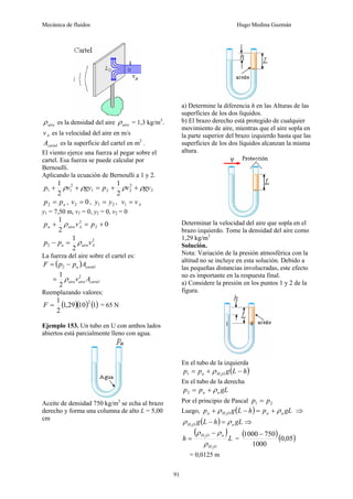 Mecánica de fluidos Hugo Medina Guzmán
91
aire
ρ es la densidad del aire aire
ρ = 1,3 kg/m3
.
A
v es la velocidad del aire en m/s
cartel
A es la superficie del cartel en m2
.
El viento ejerce una fuerza al pegar sobre el
cartel. Esa fuerza se puede calcular por
Bernoulli.
Aplicando la ecuación de Bernoulli a 1 y 2.
2
2
2
2
1
2
1
1
2
1
2
1
gy
v
p
gy
v
p ρ
ρ
ρ
ρ +
+
=
+
+
a
p
p =
2 , 0
2 =
v , 2
1 y
y = , A
v
v =
1
y1 = 7,50 m, v1 = 0, y2 = 0, v2 = 0
0
2
1
2
2
+
=
+ p
v
p A
aire
a ρ
2
2
2
1
A
aire
a v
p
p ρ
=
−
La fuerza del aire sobre el cartel es:
( ) cartel
a A
p
p
F −
= 2
cartel
aire
aire A
v2
2
1
ρ
=
Reemplazando valores:
( )( ) ( )
1
10
29
,
1
2
1 2
=
F = 65 N
Ejemplo 153. Un tubo en U con ambos lados
abiertos está parcialmente lleno con agua.
Aceite de densidad 750 kg/m3
se echa al brazo
derecho y forma una columna de alto L = 5,00
cm
a) Determine la diferencia h en las Alturas de las
superficies de los dos líquidos.
b) El brazo derecho está protegido de cualquier
movimiento de aire, mientras que el aire sopla en
la parte superior del brazo izquierdo hasta que las
superficies de los dos líquidos alcanzan la misma
altura.
Determinar la velocidad del aire que sopla en el
brazo izquierdo. Tome la densidad del aire como
1,29 kg/m3
Solución.
Nota: Variación de la presión atmosférica con la
altitud no se incluye en esta solución. Debido a
las pequeñas distancias involucradas, este efecto
no es importante en la respuesta final.
a) Considere la presión en los puntos 1 y 2 de la
figura.
En el tubo de la izquierda
( )
h
L
g
p
p O
H
a −
+
= 2
1 ρ
En el tubo de la derecha
gL
p
p a
a ρ
+
=
2
Por el principio de Pascal 2
1 p
p =
Luego, ( ) gL
p
h
L
g
p a
a
O
H
a ρ
ρ +
=
−
+ 2
⇒
( ) gL
h
L
g a
O
H ρ
ρ =
−
2
⇒
( )
L
h
O
H
a
O
H
2
2
ρ
ρ
ρ −
= =
( )( )
05
,
0
1000
750
1000 −
= 0,0125 m
 