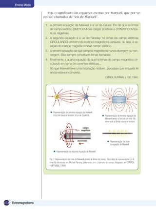 172 Eletromagnetismo
Ensino Médio
Veja o significado das equações escritas por Maxwell, que por ve-
zes são chamadas de “leis de Maxwell”.
1.	 A primeira equação de Maxwell é a Lei de Gauss. Ela diz que as linhas
de campo elétrico DIVERGEM das cargas positivas e CONVERGEM pa-
ra as negativas.
2.	 A segunda equação é a Lei de Faraday: há linhas de campo elétricas
CIRCULANDO em torno de campos magnéticos variáveis, ou seja, a va-
riação do campo magnético induz campo elétrico.
3.	 A terceira equação diz que campos magnéticos nunca divergem ou con-
vergem. Eles sempre constituem linhas fechadas.
4.	 Finalmente, a quarta equação diz que há linhas de campo magnético cir-
culando em torno de correntes elétricas...
	 Só que Maxwell teve uma inspiração notável...percebeu que a quarta lei
ainda estava incompleta.
(GONICK; HUFFMAN, p. 190, 1994).
Representação da primeira equação de Maxwell:
A Lei de Gauss é também a Lei de Coulomb.

Representação da terceira equação de
Maxwell dentro e fora de um imã. Ob-
serve que as linhas nunca se fecham.

Representação da segunda equação de Maxwell.
Representação da quar-
ta equação de Maxwell.

	 Fig. 1. Representação das Leis de Maxwell através de linhas de campo. Essa idéia de representação por li-
nhas foi introduzida por Michael Faraday, juntamente com o conceito de campo. (Adaptado de: GONICK;
HUFFMAN, 1994)
 