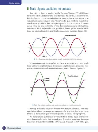 210 Eletromagnetismo
Ensino Médio
Se no encontro de duas ondas, as cristas se sobrepõem, a onda resul-
tante terá uma amplitude igual à soma das amplitudes das geradoras. Nes-
te caso temos uma interferência construtiva, como ilustra a Figura (2).
Fig. 2: Duas ondas de amplitudes iguais se sobrepõe resultando em interferência construtiva.
Young, incidindo feixes de luz em duas fendas, observou com niti-
dez, faixas claras e escuras no anteparo. Ou seja, interferências cons-
trutivas e destrutivas que ocorrem quando as ondas se superpõem.
As experiências para medir a velocidade da luz na água foram deci-
sivas. Isso não foi nada fácil, mas depois de muitas tentativas, foram os
franceses Armand Fizeau (1819-1896) e Jean Foucault (1819-1868) que,
Fig. 1: Duas ondas de amplitudes iguais se sobrepõe resultando em interferência destrutiva.
Onda 1
Onda Resultante
Onda 2
Onda Resultante
Onda 1
Onda 2
	 Mais alguns capítulos no embate
Em 1801, o físico e médico inglês Thomas Young (1773-1829) ob-
teve com a luz, um fenômeno característico das ondas, a interferência.
Este fenômeno ocorre quando duas ou mais ondas se encontram e se
superpõem, dando origem uma “nova” onda, que combina característi-
cas de suas geradoras. Por exemplo, quando no encontro de duas on-
das, a crista de uma sobrepõe o vale da outra temos uma interferência
destrutiva. Se as amplitudes das geradoras forem iguais, a onda resul-
tante da interferência terá amplitude nula, como mostra a Figura (1).
 