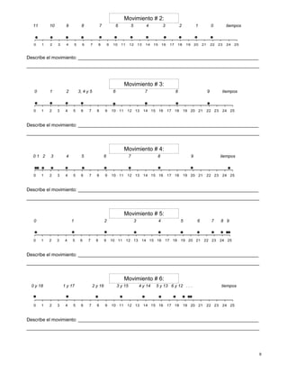 9
Movimiento # 2:
11 10 9 8 7 6 5 4 3 2 1 0 tiempos
Describe el movimiento: _____________________________________________________________________
_________________________________________________________________________________________
Movimiento # 3:
0 1 2 3, 4 y 5 6 7 8 9 tiempos
Describe el movimiento: _____________________________________________________________________
_________________________________________________________________________________________
Movimiento # 4:
0 1 2 3 4 5 6 7 8 9 tiempos
Describe el movimiento: _____________________________________________________________________
_________________________________________________________________________________________
Movimiento # 5:
0 1 2 3 4 5 6 7 8 9
Describe el movimiento: _____________________________________________________________________
_________________________________________________________________________________________
Movimiento # 6:
0 y 18 1 y 17 2 y 16 3 y 15 4 y 14 5 y 13 6 y 12 . . . tiempos
Describe el movimiento: _____________________________________________________________________
_________________________________________________________________________________________
0 1 2 3 4 5 6 7 8 9 10 11 12 13 14 15 16 17 18 19 20 21 22 23 24 25
0 1 2 3 4 5 6 7 8 9 10 11 12 13 14 15 16 17 18 19 20 21 22 23 24 25
0 1 2 3 4 5 6 7 8 9 10 11 12 13 14 15 16 17 18 19 20 21 22 23 24 25
0 1 2 3 4 5 6 7 8 9 10 11 12 13 14 15 16 17 18 19 20 21 22 23 24 25
0 1 2 3 4 5 6 7 8 9 10 11 12 13 14 15 16 17 18 19 20 21 22 23 24 25
 