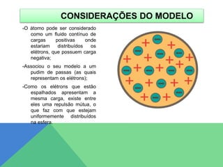 -O átomo pode ser considerado
como um fluido contínuo de
cargas positivas onde
estariam distribuídos os
elétrons, que possuem carga
negativa;
-Associou o seu modelo a um
pudim de passas (as quais
representam os elétrons);
-Como os elétrons que estão
espalhados apresentam a
mesma carga, existe entre
eles uma repulsão mútua, o
que faz com que estejam
uniformemente distribuídos
na esfera.
CONSIDERAÇÕES DO MODELO
 