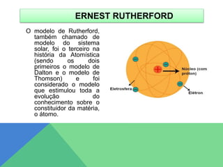 O modelo de Rutherford,
também chamado de
modelo do sistema
solar, foi o terceiro na
história da Atomística
(sendo os dois
primeiros o modelo de
Dalton e o modelo de
Thomson) e foi
considerado o modelo
que estimulou toda a
evolução do
conhecimento sobre o
constituidor da matéria,
o átomo.
ERNEST RUTHERFORD
 