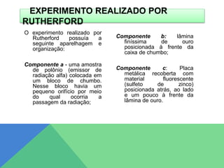 O experimento realizado por
Rutherford possuía a
seguinte aparelhagem e
organização:
Componente a - uma amostra
de polônio (emissor de
radiação alfa) colocada em
um bloco de chumbo.
Nesse bloco havia um
pequeno orifício por meio
do qual ocorria a
passagem da radiação;
Componente b: lâmina
finíssima de ouro
posicionada à frente da
caixa de chumbo;
Componente c: Placa
metálica recoberta com
material fluorescente
(sulfeto de zinco)
posicionada atrás, ao lado
e um pouco à frente da
lâmina de ouro.
EXPERIMENTO REALIZADO POR
RUTHERFORD
 