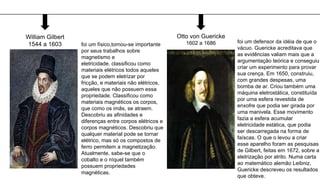 William Gilbert
1544 a 1603 foi um físico,tornou-se importante
por seus trabalhos sobre
magnetismo e
eletricidade. classificou como
materiais elétricos todos aqueles
que se podem eletrizar por
fricção, e materiais não elétricos,
aqueles que não possuem essa
propriedade. Classificou como
materiais magnéticos os corpos,
que como os imãs, se atraem.
Descobriu as afinidades e
diferenças entre corpos elétricos e
corpos magnéticos. Descobriu que
qualquer material pode se tornar
elétrico, mas só os compostos de
ferro permitem a magnetização.
Atualmente, sabe-se que o
cobalto e o níquel também
possuem propriedades
magnéticas.
Otto von Guericke
1602 a 1686 foi um defensor da idéia de que o
vácuo. Guericke acreditava que
as evidências valiam mais que a
argumentação teórica e conseguiu
criar um experimento para provar
sua crença. Em 1650, construiu,
com grandes despesas, uma
bomba de ar. Criou também uma
máquina eletrostática, constituída
por uma esfera revestida de
enxofre que podia ser girada por
uma manivela. Esse movimento
fazia a esfera acumular
eletricidade estática, que podia
ser descarregada na forma de
faíscas. O que o levou a criar
esse aparelho foram as pesquisas
de Gilbert, feitas em 1672, sobre a
eletrização por atrito. Numa carta
ao matemático alemão Leibniz,
Guericke descreveu os resultados
que obteve.
 