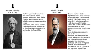 Michael Faraday
1791 a 1867
Ele foi responsável pela criação
dos termos: cátion, ânion,
eletrodo, eletrolítico, entre outros
Faraday realizou estudos com
substâncias orgânicas e descobriu
vários
compostos, entre eles, o benzeno.
Ele próprio foi capaz de produzir
os primeiros cloretos de carbono
conhecidos (C2Cl6 e C2Cl4).
William Crookes
1832 a 1917
Crookes fez descobertas
importantes, uma delas começou
quando estudava o espectro de
minerais (freqüência natural de
radiação) e detectou uma linha
verde que nunca tinha sido
notada. Ele acabava de descobrir
a existência de um novo
elemento químico, e o batizou de
Tálio.
Esse cientista possuía o dom
não só de
descobrir, mas de inventar, ele
criou o Radiômetro: um aparelho
que mede a intensidade das
radiações dos elementos
químicos, com essa invenção é
possível analisar melhor as
propriedades físicas e químicas
das diferentes substâncias
 