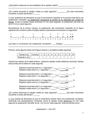 17
¿Qué patrón observas en los resultados de la rapidez media? _________________________
__________________________________________________________________________
¿En cuánto aumenta la rapidez media en cada segundo? ________ ¿Es este incremento
constante a través del tiempo? ______
Lo que acabamos de demostrar es que el movimiento mostrado en la primera hoja tiene una
aceleración constante. La aceleración representa el cambio en la velocidad por unidad de
tiempo. Como la rapidez media aumenta 0.5 m/s cada segundo, la aceleración del balín es
de 0.5 m/s en cada segundo.
Encontremos de la misma manera, la aceleración del movimiento mostrado en la figura
siguiente (los números sobre el objeto esférico representan los tiempos en segundos):
0 1 2 3 4 5 6 7 8 9…
¿Es éste un movimiento con aceleración constante? ____ Explica: ____________________
__________________________________________________________________________
Primero, toma algunos datos de la figura anterior y completa la tabla siguiente:
Tiempo t (s): 0 (inicio) 1 2 3 4 5 6 7 8 9 10
Posición x (m):
Usando los valores de la tabla anterior, calcula la rapidez media (distancia recorrida / tiempo
transcurrido) de la esfera en cada segundo:
Distancia recorrida entre 0 y 1 segundos = _____ – _____ = _____ m
Rapidez media entre 0 y 1 segundos = _____ / 1 = _____ m/s
Distancia recorrida entre 1 y 2 segundos = _____ – _____ = _____ m
Rapidez media entre 1 y 2 segundos = _____ / 1 = _____ m/s
Distancia recorrida entre 2 y 3 segundos = _____ – _____ = _____ m
Rapidez media entre 2 y 3 segundos = _____ / 1 = _____ m/s
Distancia recorrida entre 3 y 4 segundos = _____ – _____ = _____ m
Rapidez media entre 3 y 4 segundos = _____ / 1 = _____ m/s
¿En cuánto disminuye la rapidez media en cada segundo? ________ ¿Es este incremento
constante a través del tiempo? ______
Lo que acabas de demostrar es que el movimiento anterior tiene una aceleración constante,
realmente una desaceleración constante. Como la rapidez media disminuye 0.5 m/s cada
segundo la aceleración del balín es de –0.5 m/s en cada segundo. Esto se escribe como:
Aceleración = –0.5 m/s2
0 1 2 3 4 5 6 7 8 9 10 11 12 13 14 15 16 17 18 19 20 21 22 23 24 25
 