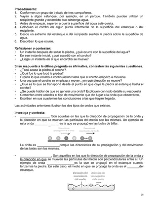 20
Procedimiento:
1. Conformen un grupo de trabajo de tres compañeros.
2. Vayan a algún estanque, por ejemplo, en un parque. También pueden utilizar un
recipiente grande y extendido que contenga agua.
3. Antes de empezar, esperen a que la superficie del agua esté quieta.
4. Coloquen el corcho en algún punto intermedio de la superficie del estanque o del
recipiente.
5. Desde un extremo del estanque o del recipiente suelten la piedra sobre la superficie de
agua.
6. Describan lo que ocurre.
Reflexionen y contesten:
• Un instante después de soltar la piedra, ¿qué ocurre con la superficie del agua?
• En ese instante inicial, ¿qué sucedió con el corcho?
• ¿Llega un instante en el que el corcho se mueve?
Si su respuesta a la última pregunta es afirmativa, contesten las siguientes cuestiones.
• ¿Tocó acaso la piedra al corcho?
• ¿Qué fue lo que tocó la piedra?
• Explica lo que ocurrió a continuación hasta que el corcho empezó a moverse.
• Una vez que el corcho se empieza a mover, ¿en qué dirección se mueve?
• ¿Qué es lo que se transportó desde el punto en que cayó la piedra al estanque hasta el
corcho?
• ¿Se puede hablar de que se generó una onda? Expliquen con todo detalle su respuesta
• Comenten entre ustedes el tipo de movimiento que dio lugar a la onda que observaron.
• Escriban en sus cuadernos las conclusiones a las que hayan llegado.
Las actividades anteriores ilustran los dos tipos de ondas que existen.
Investiga y contesta:
• _________________. Son aquellas en las que la dirección de propagación de la onda y
la dirección en que se mueven las partículas del medio son las mismas. Un ejemplo de
esta onda ______________ es la que se propagó en las bolas de billar.
La onda es _____________porque las direcciones de su propagación y del movimiento
de las bolas son las mismas.
• __________________. Son aquellas en las que la dirección de propagación de la onda y
la dirección en que se mueven las partículas del medio son perpendiculares entre sí. Un
ejemplo de onda ________________es la que se propagó en el estanque cuando
lanzamos la piedra. En este caso, el medio en que se propaga la onda es el _______del
estanque.
 
