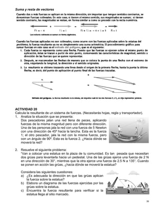 39
Suma y resta de vectores
ACTIVIDAD 20
Calcula la resultante de un sistema de fuerzas. (Necesitarás hojas, regla y transportador).
1. Analiza la situación que se presenta:
Dos pescadores jalan una red llena de peces, aplicando
fuerzas de la misma magnitud pero con diferente dirección.
Una de las personas jala la red con una fuerza de 5 Newton
con una dirección de 45º hacia la lancha. Esta es la fuerza
1; el otro pescador, jala la red con la misma fuerza, pero
con un ángulo de 90º. Esta es la fuerza 2. ¿Hacia dónde se
moverá la red?
2. Resuelve el siguiente problema:
“Van a colocar una estatua en la plaza de tu comunidad. Es tan pesada que necesitan
dos grúas para levantarla hacia un pedestal. Una de las grúas ejerce una fuerza de 2 N
en una dirección de 30°, mientras que la otra ejerce una fuerza de 2.5 N a 135°. Cuando
se ponen en acción las grúas, ¿hacia dónde se moverá la estatua?
Considera las siguientes cuestiones:
a) ¿Es adecuada la dirección en que las grúas aplican
la fuerza sobre la estatua?
b) Elabora un diagrama de las fuerzas ejercidas por las
grúas sobre la estatua.
c) Encuentra la fuerza resultante para verificar si la
estatua llega al sitio marcado.
 