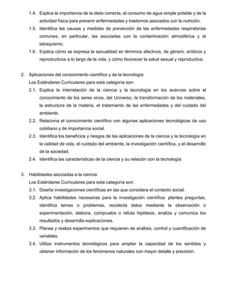 6
1.4. Explica la importancia de la dieta correcta, el consumo de agua simple potable y de la
actividad física para prevenir enfermedades y trastornos asociados con la nutrición.
1.5. Identifica las causas y medidas de prevención de las enfermedades respiratorias
comunes; en particular, las asociadas con la contaminación atmosférica y el
tabaquismo.
1.6. Explica cómo se expresa la sexualidad en términos afectivos, de género, eróticos y
reproductivos a lo largo de la vida, y cómo favorecer la salud sexual y reproductiva.
2. Aplicaciones del conocimiento científico y de la tecnología
Los Estándares Curriculares para esta categoría son:
2.1. Explica la interrelación de la ciencia y la tecnología en los avances sobre el
conocimiento de los seres vivos, del Universo, la transformación de los materiales,
la estructura de la materia, el tratamiento de las enfermedades y del cuidado del
ambiente.
2.2. Relaciona el conocimiento científico con algunas aplicaciones tecnológicas de uso
cotidiano y de importancia social.
2.3. Identifica los beneficios y riesgos de las aplicaciones de la ciencia y la tecnología en
la calidad de vida, el cuidado del ambiente, la investigación científica, y el desarrollo
de la sociedad.
2.4. Identifica las características de la ciencia y su relación con la tecnología.
3. Habilidades asociadas a la ciencia
Los Estándares Curriculares para esta categoría son:
3.1. Diseña investigaciones científicas en las que considera el contexto social.
3.2. Aplica habilidades necesarias para la investigación científica: plantea preguntas,
identifica temas o problemas, recolecta datos mediante la observación o
experimentación, elabora, comprueba o refuta hipótesis, analiza y comunica los
resultados y desarrolla explicaciones.
3.3. Planea y realiza experimentos que requieren de análisis, control y cuantificación de
variables.
3.4. Utiliza instrumentos tecnológicos para ampliar la capacidad de los sentidos y
obtener información de los fenómenos naturales con mayor detalle y precisión.
 