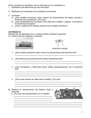 71
Ahora, compara tus resultados con los obtenidos por tus compañeros y:
1. Establezcan las diferencias que hay entre ellos.
2. Modifiquen sus respuestas si lo consideran conveniente.
3. Comenten:
a) ¿Qué modelos incorporan mayor número de características del objeto, proceso o
fenómeno que representan? ¿Por qué?
b) ¿Qué representaciones consideran más útiles para modelar: i) objetos, ii) procesos y
iii) fenómenos/conceptos?
c) ¿Cuál o cuáles de los modelos anteriores son modelos científicos?
ACTIVIDAD 38
Identifica las características de un modelo científico. Realiza lo siguiente:
A) Observa las dos imágenes y responde:
Foto de automóvil real Automóvil a escala
1. ¿Qué modelo representa mayor número de características del automóvil real?
____________________________________________________________________
2. ¿Qué diferencias encuentras entre ambas representaciones?
____________________________________________________________________
____________________________________________________________________
3. ¿Qué semejanzas y diferencias tienen ambas representaciones con el automóvil
real?
____________________________________________________________________
____________________________________________________________________
____________________________________________________________________
4. ¿Para quién podrían ser útiles estos modelos? ¿Por qué?
____________________________________________________________________
____________________________________________________________________
____________________________________________________________________
B) Observa la representación del Sistema Solar y
responde:
1) ¿Por qué esta representación es un modelo?
_______________________________________
_______________________________________
_______________________________________
_____________________________________________________________________
_____________________________________________________________________
_____________________________________________________________________
 