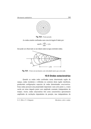 Movimento ondulatório
S. C. Zilio e V. S. Bagnato Mecânica, calor e ondas
205
Fig. 10.8 - Fonte parada.
As ondas estarão confinadas num cone de ângulo θ dado por:
uv
tu
tvsen =
∆
∆=θ
Isto pode ser observado se um objeto anda na água emitindo ondas.
Fig. 10.9 – Fonte em movimento com velocidade maior que a da onda.
10.6 Ondas estacionárias
Quando as ondas estão confinadas numa determinada região do
espaço, ondas incidentes e refletidas no contorno desta região interferem,
produzindo configurações especiais de ondas denominadas estacionárias.
Estas ondas possuem uma propriedade importante: num certo ponto x, o meio
oscila em torno daquele ponto com amplitude constante (independente do
tempo). Assim, ondas estacionárias têm como característica apresentarem
amplitudes de oscilações dependentes da posição, mas independentes do
θ
v ∆t
1 2
u ∆t
 