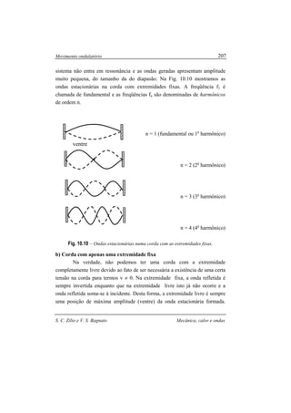 Movimento ondulatório
S. C. Zilio e V. S. Bagnato Mecânica, calor e ondas
207
ventre
sistema não entra em ressonância e as ondas geradas apresentam amplitude
muito pequena, do tamanho da do diapasão. Na Fig. 10.10 mostramos as
ondas estacionárias na corda com extremidades fixas. A freqüência f1 é
chamada de fundamental e as freqüências fn são denominadas de harmônicos
de ordem n.
n = 1 (fundamental ou 1o
harmônico)
n = 2 (2o
harmônico)
n = 3 (3o
harmônico)
n = 4 (4o
harmônico)
Fig. 10.10 – Ondas estacionárias numa corda com as extremidades fixas.
b) Corda com apenas uma extremidade fixa
Na verdade, não podemos ter uma corda com a extremidade
completamente livre devido ao fato de ser necessária a existência de uma certa
tensão na corda para termos v ≠ 0. Na extremidade fixa, a onda refletida é
sempre invertida enquanto que na extremidade livre isto já não ocorre e a
onda refletida soma-se à incidente. Desta forma, a extremidade livre é sempre
uma posição de máxima amplitude (ventre) da onda estacionária formada.
 