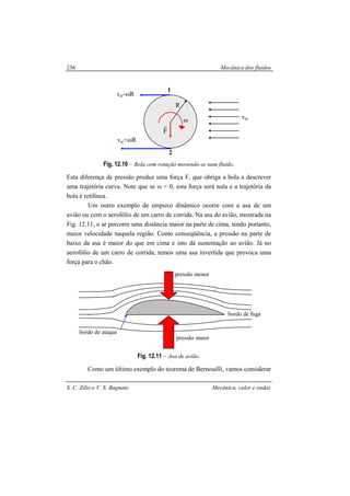 Mecânica dos fluidos
S. C. Zilio e V. S. Bagnato Mecânica, calor e ondas
236
pressão maior
pressão menor
bordo de ataque
bordo de fuga
Fig. 12.10 – Bola com rotação movendo-se num fluido.
Esta diferença de pressão produz uma força F, que obriga a bola a descrever
uma trajetória curva. Note que se ω = 0, esta força será nula e a trajetória da
bola é retilínea.
Um outro exemplo de empuxo dinâmico ocorre com a asa de um
avião ou com o aerofólio de um carro de corrida. Na asa do avião, mostrada na
Fig. 12.11, o ar percorre uma distância maior na parte de cima, tendo portanto,
maior velocidade naquela região. Como conseqüência, a pressão na parte de
baixo da asa é maior do que em cima e isto dá sustentação ao avião. Já no
aerofólio de um carro de corrida, temos uma asa invertida que provoca uma
força para o chão.
Fig. 12.11 – Asa de avião.
Como um último exemplo do teorema de Bernouilli, vamos considerar
var
var-ωR
1
2
var+ωR
R
F
r
ω
 