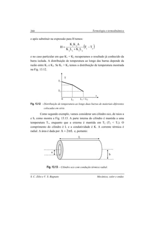 Termologia e termodinâmica
S. C. Zilio e V. S. Bagnato Mecânica, calor e ondas
260
e após substituir na expressão para H temos:
( )21
2112
21
TT
LKLK
AKK
H −
+
=
e no caso particular em que K1 = K2 recuperamos o resultado já conhecido da
barra isolada. A distribuição de temperatura ao longo das barras depende da
razão entre K1 e K2. Se K1 > K2 temos a distribuição de temperatura mostrada
na Fig. 13.12.
Fig. 13.12 - Distribuição de temperatura ao longo duas barras de materiais diferentes
colocadas em série.
Como segundo exemplo, vamos considerar um cilindro oco, de raios a
e b, como mostra a Fig. 13.13. A parte interna do cilindro é mantida a uma
temperatura T1, enquanto que a externa é mantida em T2 (T2 < T1). O
comprimento do cilindro é L e a condutividade é K. A corrente térmica é
radial. A área é dada por rL2A π= e, portanto:
Fig. 13.13 – Cilindro oco com condução térmica radial.
T
x
0 L1 + L2
T2
T1
L1
L
a
b
 