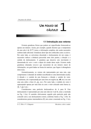 S. C. Zilio e V. S. Bagnato Mecânica, calor e ondas
Um pouco de cálculo 1
1.1 Introdução aos vetores
Existem grandezas físicas que podem ser especificadas fornecendo-se
apenas um número. Assim, por exemplo, quando dizemos que a temperatura
de uma sala é de 20 0
C temos a informação completa, não sendo necessário
nenhum dado adicional. Grandezas deste tipo são conhecidas como escalares.
Por outro lado, se estivermos discutindo o deslocamento de um corpo, é
necessário indicar a distância percorrida entre dois pontos, a direção e o
sentido do deslocamento. A grandeza que descreve este movimento é
denominada de vetor e será o objeto de estudo desta seção. Existem ainda
grandezas chamadas tensores que necessitam de um número maior de
informações, em geral dadas na forma de matrizes, que fogem à abrangência
deste texto.
Geometricamente, os vetores são representados por uma seta, cujo
comprimento é chamado de módulo (escolhendo-se uma determinada escala).
A direção e o sentido da seta fornecem a direção e sentido do vetor.
Usualmente, ele é representado por uma letra em negrito (a, AB, etc.) ou com
uma seta sobre a letra (a
r
,AB
→
, etc.). Por outro lado, o módulo do vetor é
representado apenas por uma letra ou com o vetor colocado entre barras (a,
a
r
,  AB
→
, etc.)
Consideremos uma partícula deslocando-se de A para B. Este
deslocamento é representado por uma seta indo de A até B, como a mostrada
na Fig. 1.1(a). O caminho efetivamente seguido pela partícula pode não
coincidir com o seu deslocamento (vetor), conforme ilustra a Fig. 1.1(b). Se
considerarmos pontos intermediários (P), tais como o mostrado na Fig. 1.1(c),
1UM POUCO DE
CÁLCULO
 